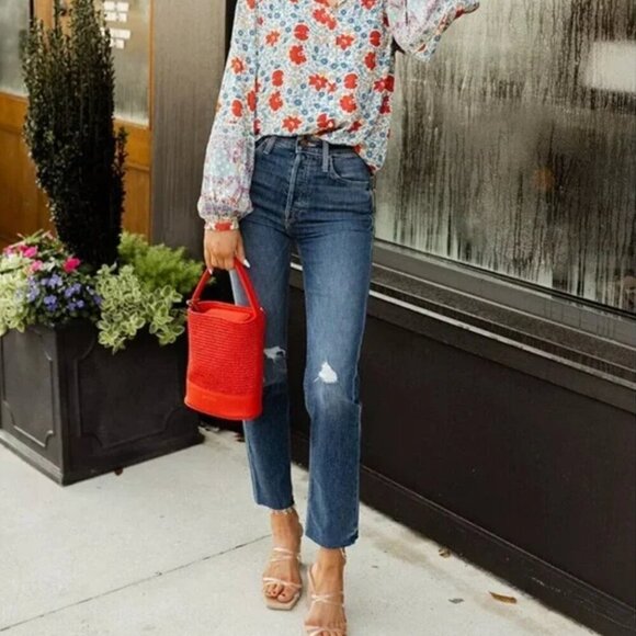 MOTHER The Tomcat Ankle Fray Jeans in Globe Trotter High Waist Raw Hem Size 25 - Picture 1 of 11